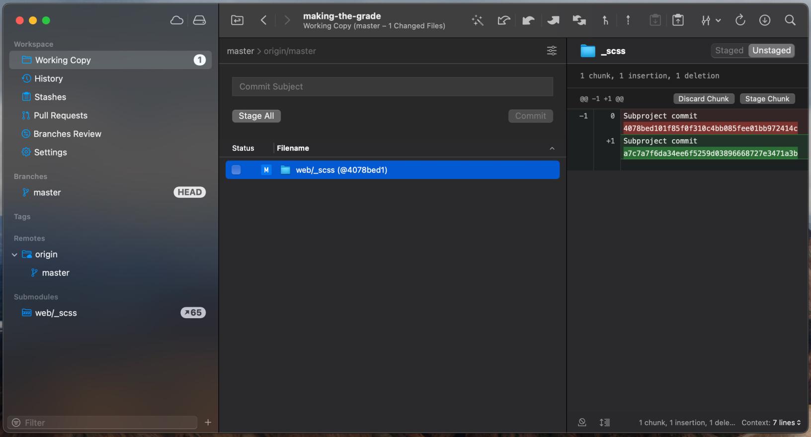 Git Tower don't commit the hash change for the submodule